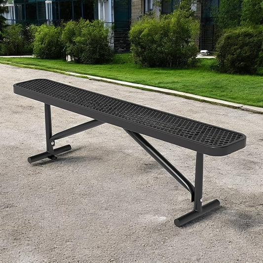 72" L Steel Flat Bench Garden Bench, Black Outdoor Park Bench Weather-Resistant Steel Metal, Patio Seating for Front Porch Backyard Park Outside, Metal Benches for Outside to dodrill to Ground-VerdiqueGarden