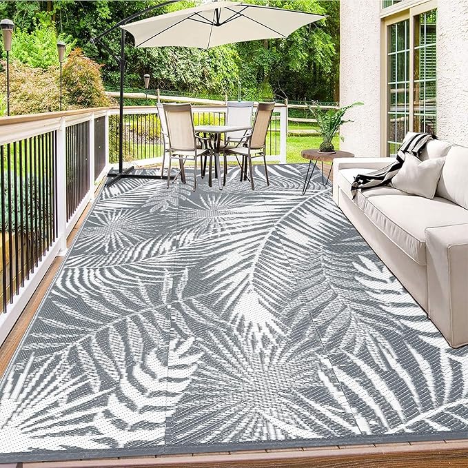 HiiARug Outdoor Reversible Plastic Straw Rug, 9'x12', Cool Gray, Large Patio Mat for RV, Backyard, Deck, Picnic, Beach, Trailer, Camping-VerdiqueGarden