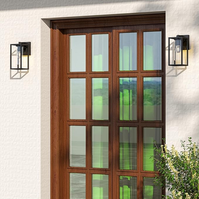 Pia Ricco Outdoor Wall Lights, Outdoor Wall Lantern with Circular Clear Glass Shade, Waterproof Exterior Lighting Fixtures, Modern Front Porch Lighting for House, Garage, E26 Base, ETL Listed, Black-VerdiqueGarden