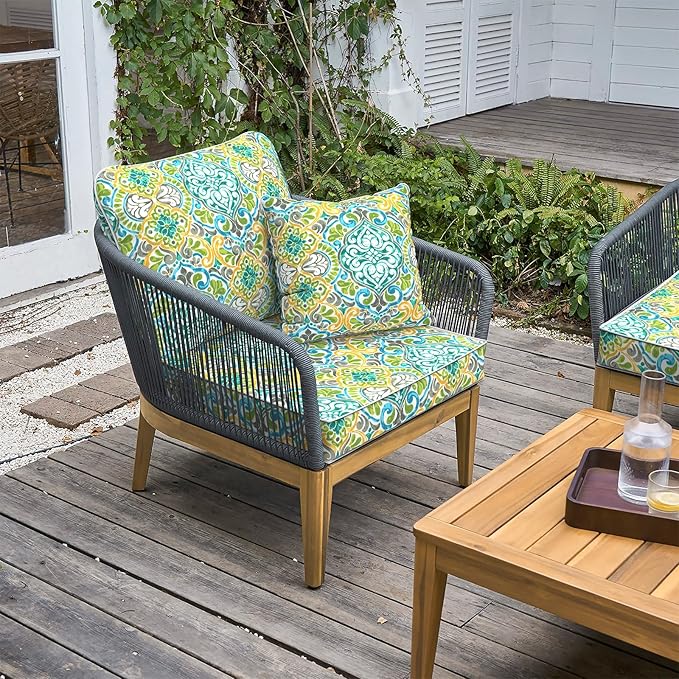 LVTXIII Outdoor Deep Seat Cushion Patio Seat and Back Cushion Set Seasonal Chair Cushion for Dining Arm Chairs, Wicker Chairs and Garden Furniture Decoration, 24"x24"x4", Damask Green-VerdiqueGarden