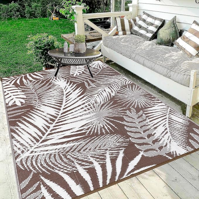 HiiARug Outdoor Rug 6x9Ft Outdoor Plastic Straw Rug Waterproof Outdoor Rugs for Patios Clearance Large Reversible Patio Mat Outdoor Area Rug for Patios Deck Beach RV Camper Backyard,Brown&White-VerdiqueGarden