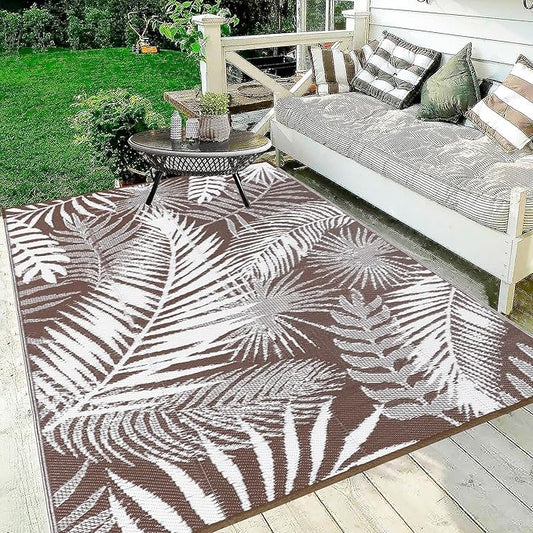 HiiARug Outdoor Rug 6x9Ft Outdoor Plastic Straw Rug Waterproof Outdoor Rugs for Patios Clearance Large Reversible Patio Mat Outdoor Area Rug for Patios Deck Beach RV Camper Backyard,Brown&White-VerdiqueGarden