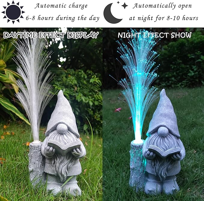 Gnomes Statue Solar Garden Decor,Resin Gnome Statues and Colour Changing Optical Fiber Solar Lights,Outdoor Decoration for Balcony, Garden, Patio, Yard, Lawn, Gifts for Mom Grandma-VerdiqueGarden