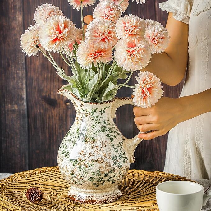 Enra Large Vintage Green Ceramic Vase and Pitcher for Home Decor, 9.7 Inch Rustic Chinoiserie Decorative Vases, Green and Beige Ceramic Vases for Living Room, Kitchen, Office – Large Vases for Decor-VerdiqueGarden