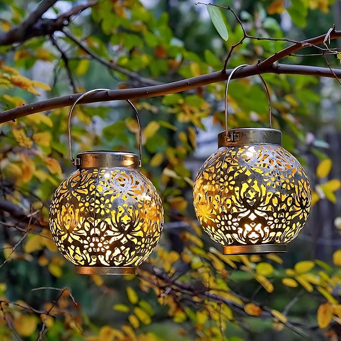 Set of 2 Outdoor Solar Hanging Lantern Lights Metal LED Decorative Lamp for Garden Patio Courtyard Lawn and Table with Hollowed-Out Design (Antique Bronze)-VerdiqueGarden