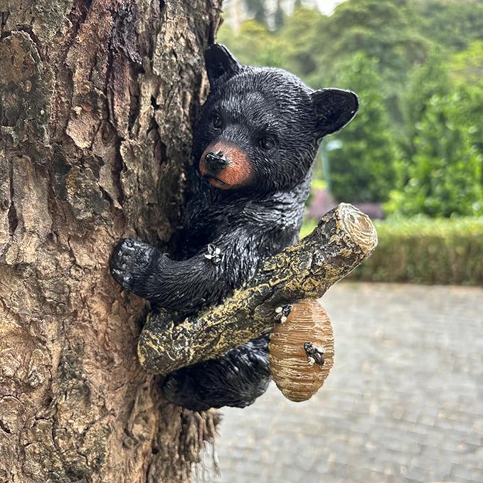 Black Bear Cub Tree Hugger Decor Outdoor Sculpture, Baby Bear Hanging Up a Tree Statue Garden Peeker, Adorable Cute Resin Tree Hugger Bear Face for Gifts and Garden Decor-VerdiqueGarden