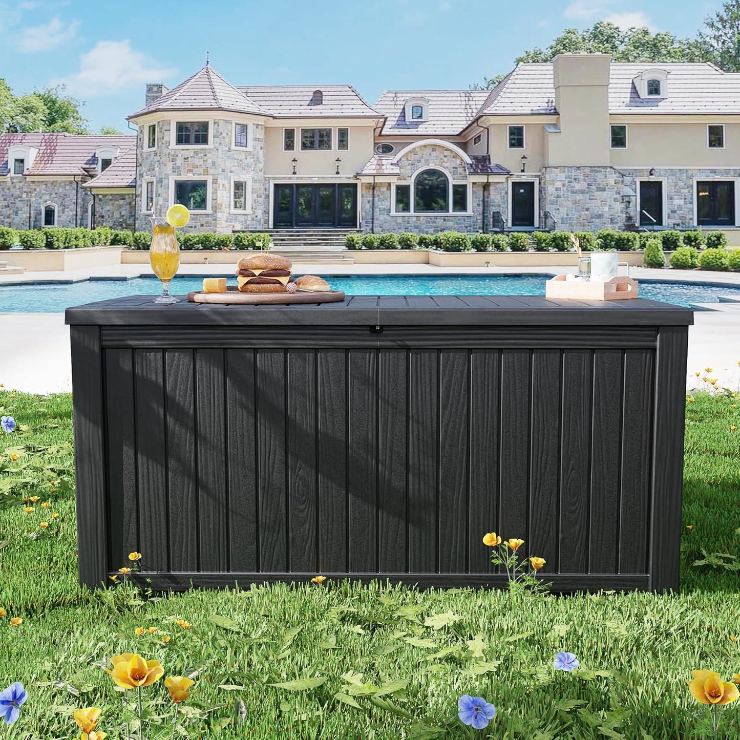 200 Gallon Black Resin Deck Box - Lockable, Waterproof & UV-Resistant Outdoor Storage for Patio Furniture, Garden Tools, Pool Floats - Heavy-Duty Utility Container for Decks-VerdiqueGarden