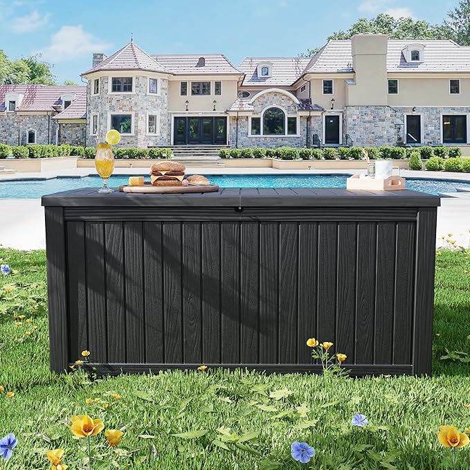 200 Gallon Outdoor Storage Box Waterproof Lockable Resin Deck Box Large, Patio Storage Bin for Pool Accessories Cushion Furniture, Garden Tools, UV-Resistant Outside Delivery Black-VerdiqueGarden