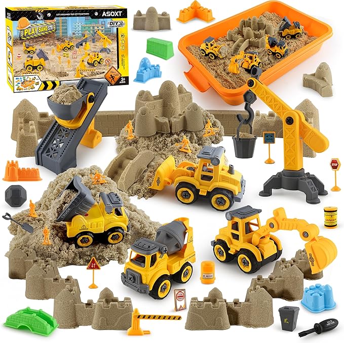 Asoxt 43-Piece Construction Sensory Playset – 2 lbs Play Sand, 4 DIY Trucks, Crane & Road Signs – Creative Sandbox Toy for Kids Ages 3+-VerdiqueGarden