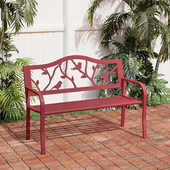 PHI VILLA Outdoor Patio 50" Metal Park Bench Red, Steel Frame Bench with Backrest and Armrests for Porch, Patio, Garden, Lawn, Balcony, Red Bird-VerdiqueGarden