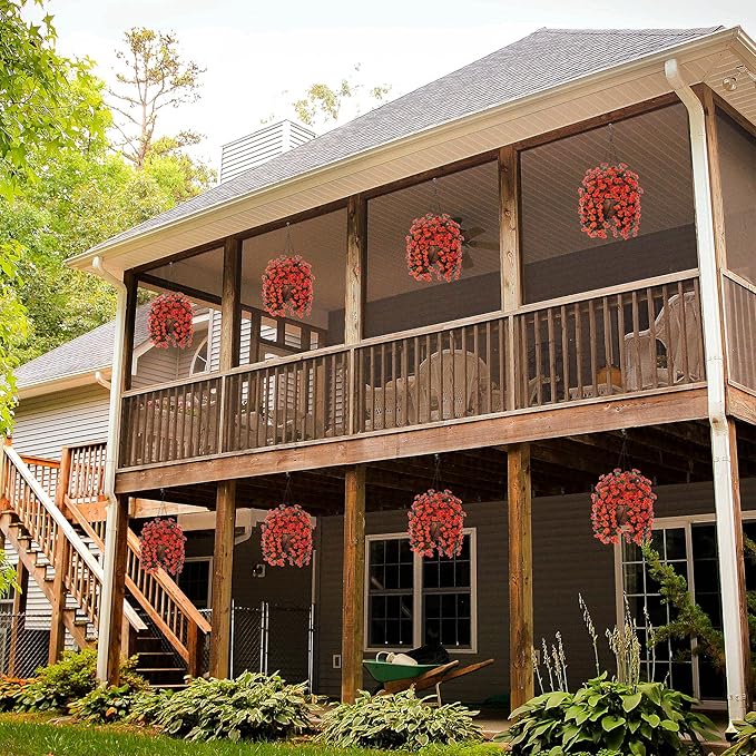 Hanging Baskets Artificial Flowers for Outdoor Interior Decor, Artificial Daisies Flowers Shrubs Plants with Baskets for Home Porch Garden Patio Patio Spring Summer Decor(Orange)-VerdiqueGarden