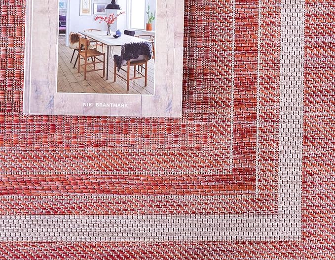 Unique Loom Outdoor Border Collection Area Rug - Soft Border (9'x 12' Rectangle, Rust Red/ Ivory)-VerdiqueGarden