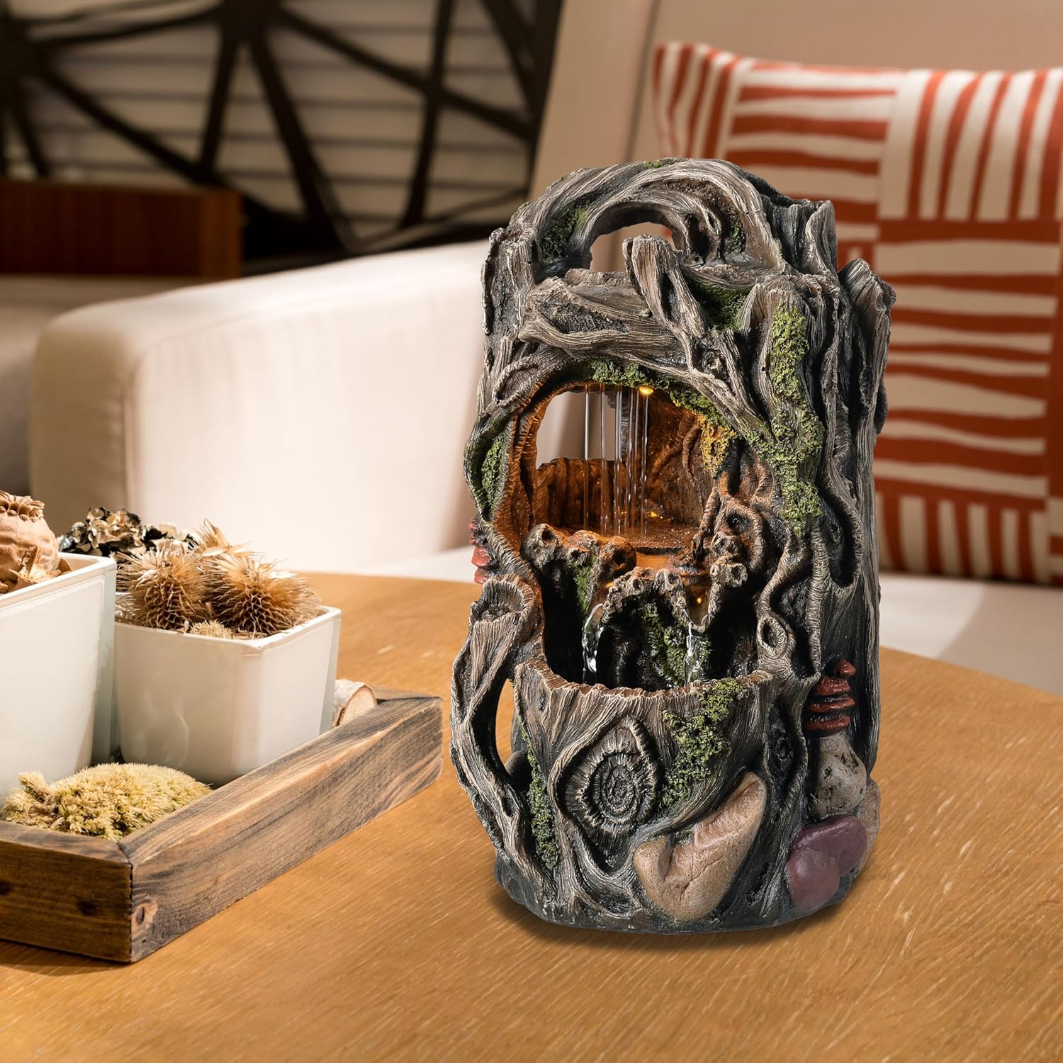 Tabletop Water Fountain, Home Décor Soothing Sound Machine with Automatic Pump, Nature Tree Stump Resin and for Indoor Zen Relaxation for Office, Living Room, or Bedroom Décor-VerdiqueGarden