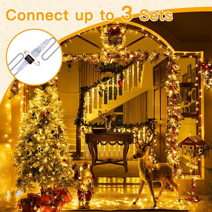 Ollny String Lights Indoor 200LED 60FT, Warm White Connectable Plug in LED Outdoor Light, 8 Modes Waterproof Timer Christmas Lights for Outside Bedroom House Party Wedding Camping-VerdiqueGarden