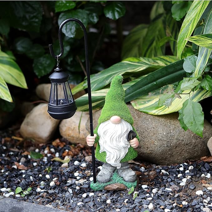 Flocked Garden Gnome Statue, Large Outdoor Gnome with Solar Lights, Funny Garden Figurines for Outdoor Home Yard Decor (15.8 Inch Tall)-VerdiqueGarden