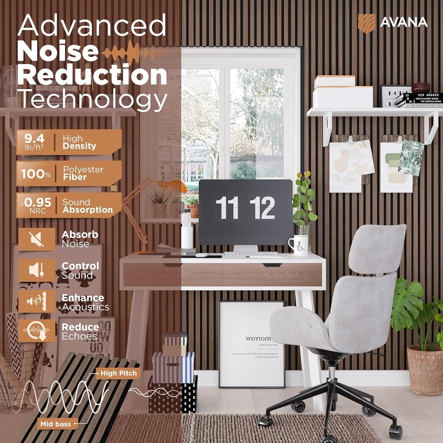 Avana Acoustic Wood Wall Panels – 47.2 X 12.6 Inch Walnut Acoustic Panels 2 PCs – Wall Panels For Interior Wall Decor for Homes, Offices, Studios – Modern Sturdy And Durable Wood Panels For Wall-VerdiqueGarden