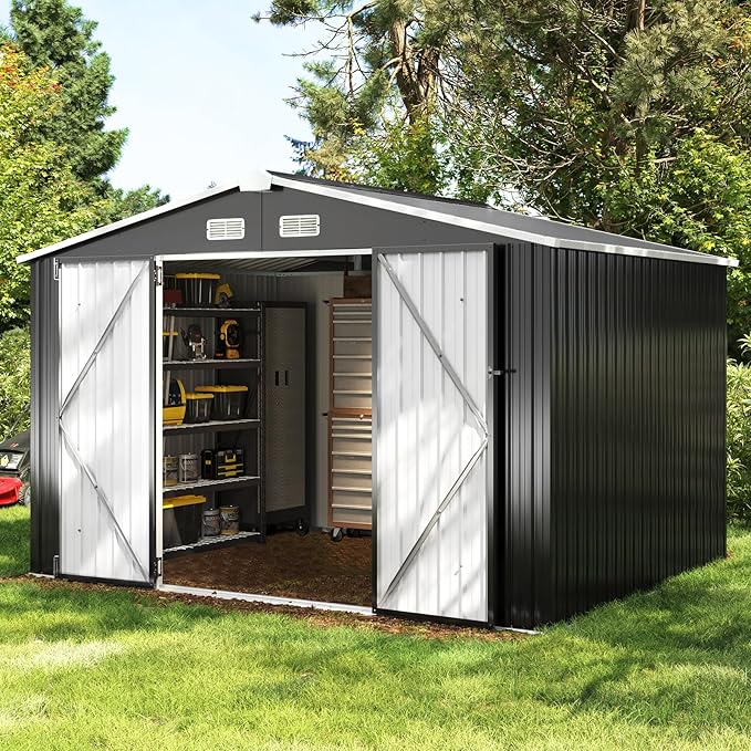 Aoxun 9.4x7.3x6.5 FT Outdoor Storage Shed, Garbage Can, Outdoor Metal Shed for Tool, Garden, Bike, Placed in Patio, Garden (Black)-VerdiqueGarden