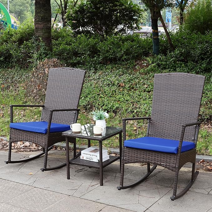 Rocking Chair Outdoor 3 Pieces High-Backed Patio Rocking Chairs Bistro Table and Chairs Set of 2, Royal Blue-VerdiqueGarden