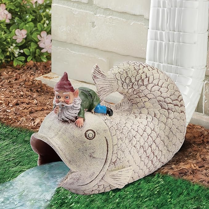 Gnome Fish Sculpture - Eco-Friendly Resin Gutter Diverter Rain, Outdoor Decor Sculpture, Garden Animal Statue, Gutter Downspout Splash Block, Decorative Extension, Ideal for 3"x4" Downspouts-VerdiqueGarden