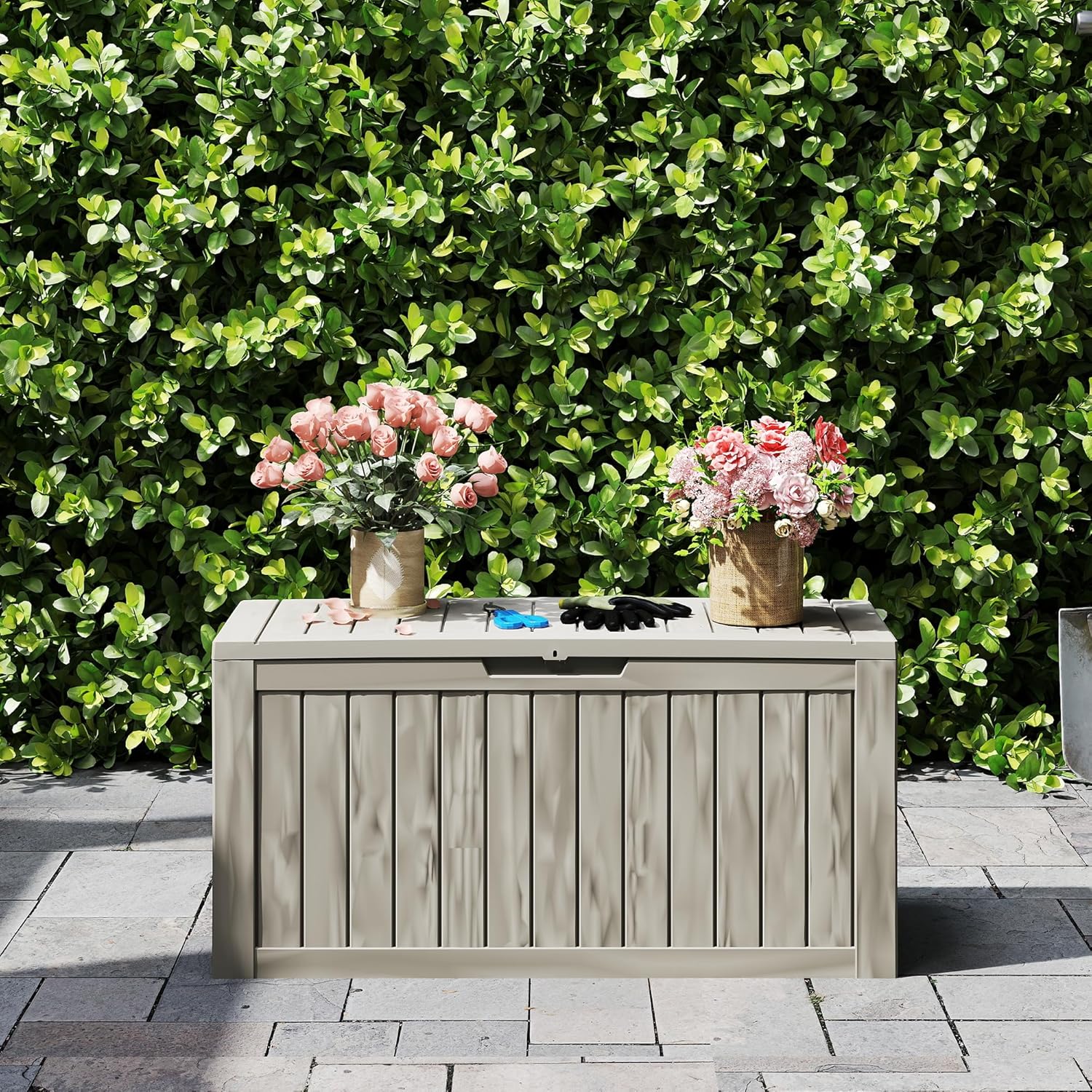 80 Gallon Coffee Resin Deck Box - Rustic Outdoor Storage for Garden Tools, Patio Essentials & Package Delivery - Weatherproof, Lockable for Farmhouse Decks-VerdiqueGarden