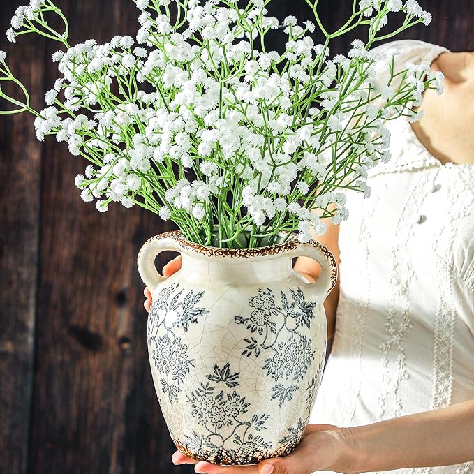 Enra Vintage vase with Handle,Blue and White Ceramic Decorative Flower vase, Chinoiserie Floral Vase,Large Rustic Vases for Home Decors, Living Room, Bookshelf, Office,7.8 in-VerdiqueGarden