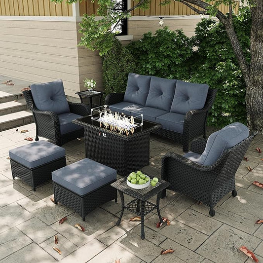 7 Pieces Outdoor Patio Furniture Sets with Single Chairs with 6-inch Thick Cushion and Fire Pit Table for Deck Lawn-VerdiqueGarden