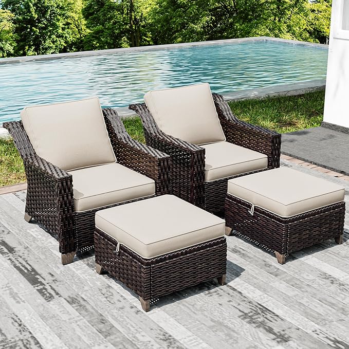 Joyside Wicker Patio Furniture Sets, 4 Pieces Upgraded Large Size Outdoor Furniture with Patio Dining Chairs and Outdoor Ottoman, Thick Cushions, Wide Armrest-VerdiqueGarden