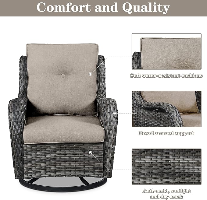 3 PCS Patio Furniture Set - Mixed Grey Wicker Swivel Rocking Chair Set with Side Table-VerdiqueGarden