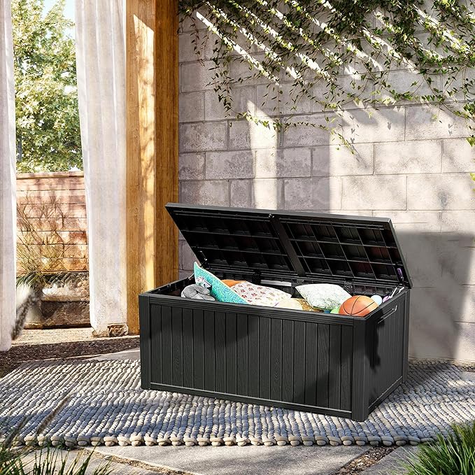 270 Gallon Lockable Resin Deck Box, Waterproof & UV-Resistant Outdoor Storage Box for Outdoor Cushion Storage, Garden Tools & Pool Accessories Storage, Black-VerdiqueGarden