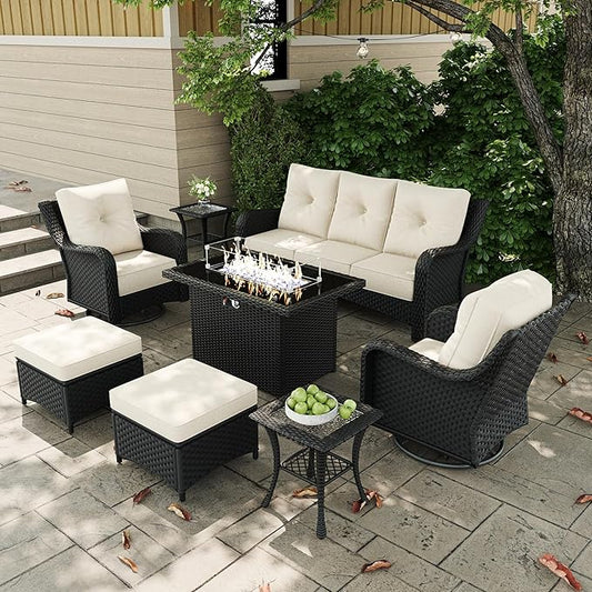 7 Pieces Outdoor Patio Furniture Sets with Rocking Swivel Chairs with 6-inch Thick Cushion and Fire Pit Table for Deck Lawn-VerdiqueGarden