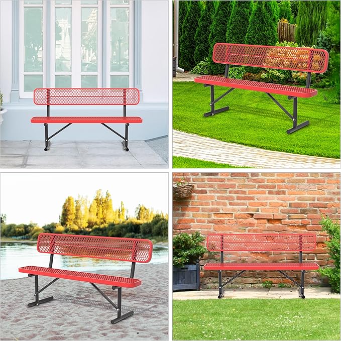 Heavy Duty Park Bench with Back Portable Frame, Outdoor Steel Bench with Backrest, Red Metal Bench Seat Expanded Metal Mesh Bench for Lawn, Park, Deck, Garden, Patio, Porch, Black (Red, 6FT)-VerdiqueGarden
