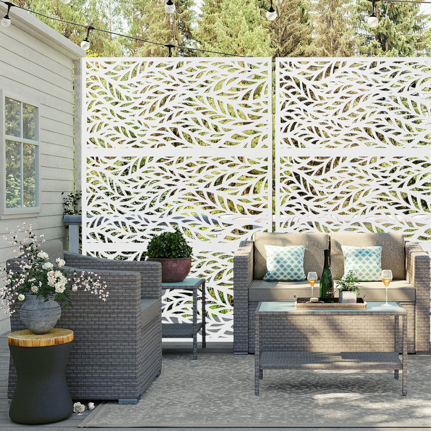 Metal Privacy Screen,72" H47 W,Freestanding Decorative Privacy Screen for Balcony Patio Lawn Garden,Privacy Fence Privacy Panel-White & Leaf-VerdiqueGarden