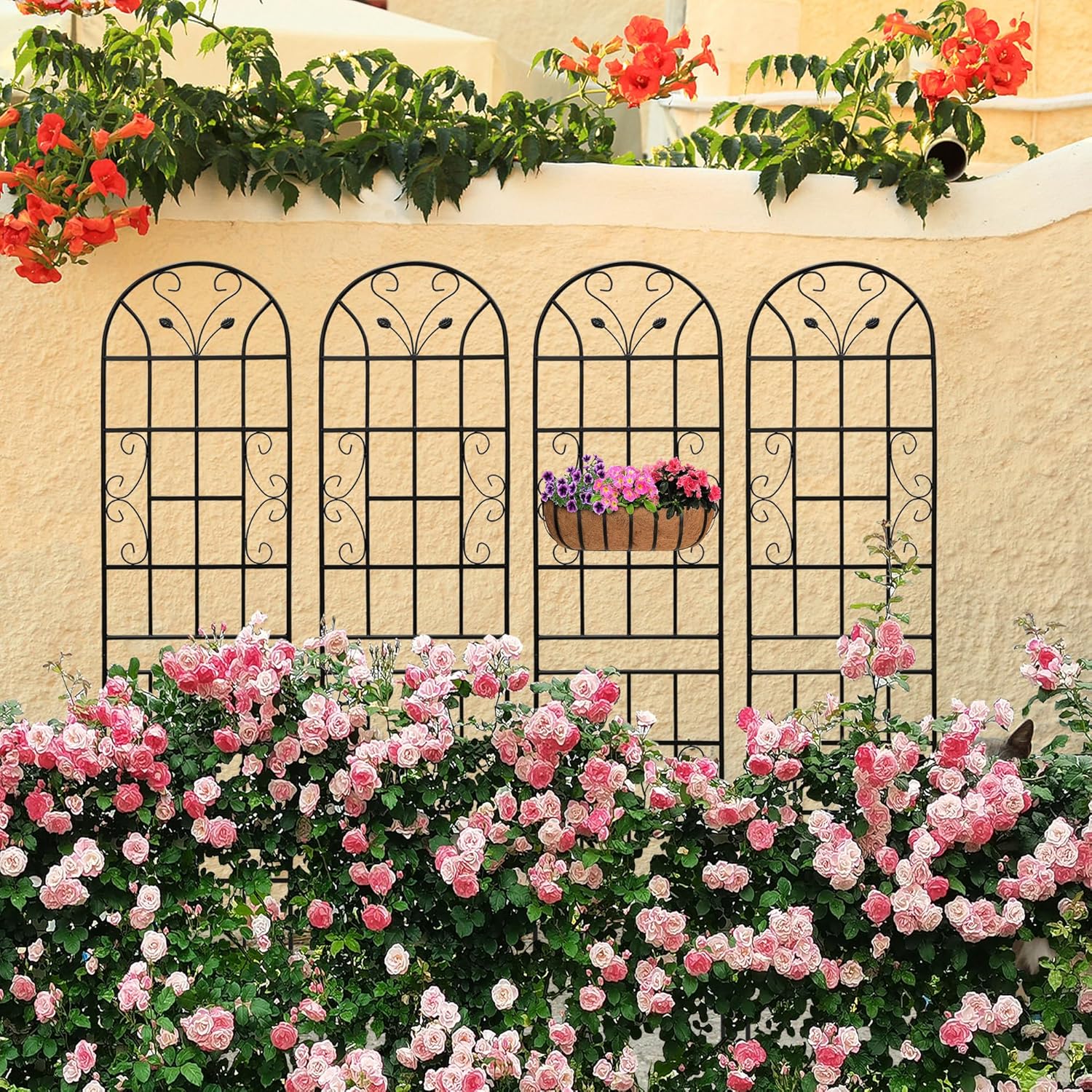 6 Pack Metal Garden Trellis 86.7" Tall Outdoor Climbing Plant Support for Roses, Flowers, Rustproof Durable Black Galvanized Tube, Lawn Garden Fence Decor Screen, 86.7" H-VerdiqueGarden