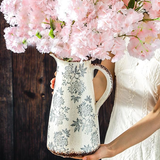 Enra Blue and White vase with Handle,12.2 inch Ceramic Vintage Decorative Flower Pitcher vase, Chinoiserie Floral Vase,Large Rustic Vases for Home Decors, Living Room, Bookshelf, Office-VerdiqueGarden