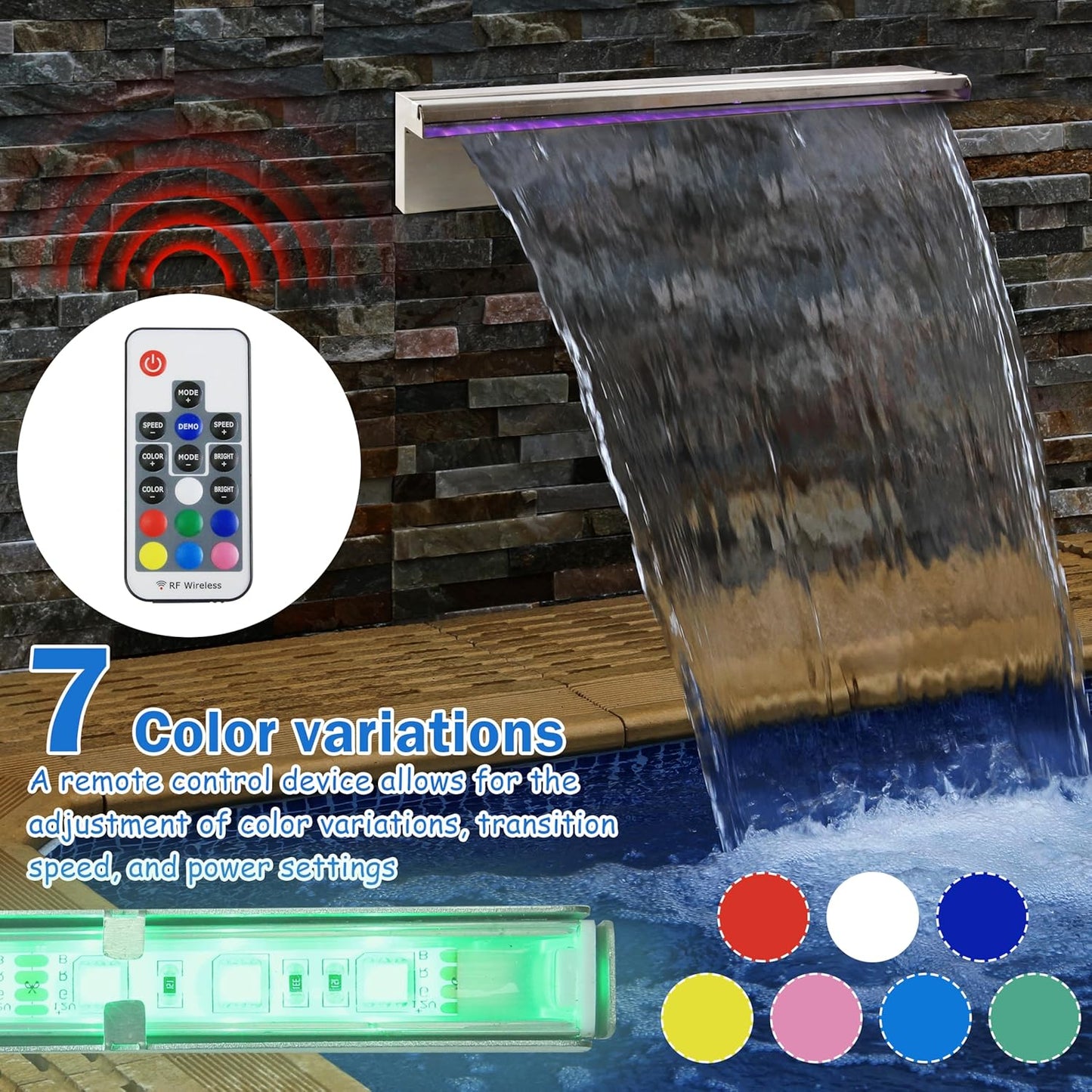 19.6 Inch Pool Waterfall Spillway, Stainless Steel Pond Waterfalls with Multi Color-LED Light Outdoor Pool Fountain, Water Flow Fountains Kit for Garden Patio & Rockery Decoration-VerdiqueGarden
