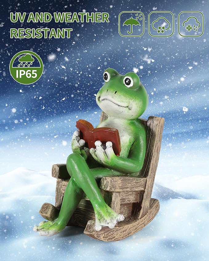 iStatue Miniature Solar Frog Reading Book Figurine Light - 5.5'' Resin Chair Statue Outdoor Table Decor for Lawn Ornaments, Patio, Yard & Garden and Home-VerdiqueGarden