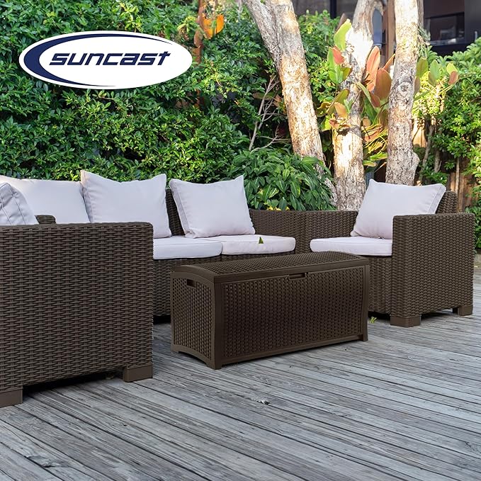 Suncast Outdoor Storage Box - 73 Gallon Mocha Brown Deck Box for Patio, Waterproof Outdoor Storage Bench, Resin Wicker Style, Heavy-Duty, Lockable Lid for Cushions, Shoes, Pool & Garden Gear-VerdiqueGarden