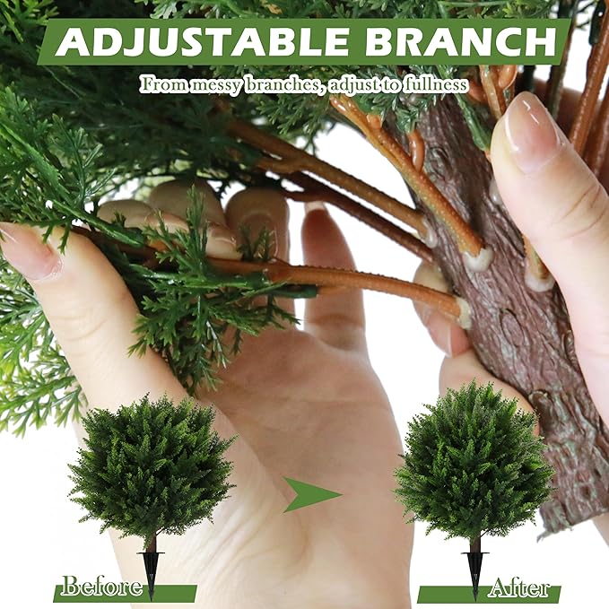 Sunnyglade Set of 2 Artificial Cedar Topiary Ball Trees, Faux Cedar Shrub Bushes with Ground Spike 25.5", UV Resistant Fake Cedar Plants for Indoor, Garden, Yard, Porch, Patio Decor (Green)-VerdiqueGarden