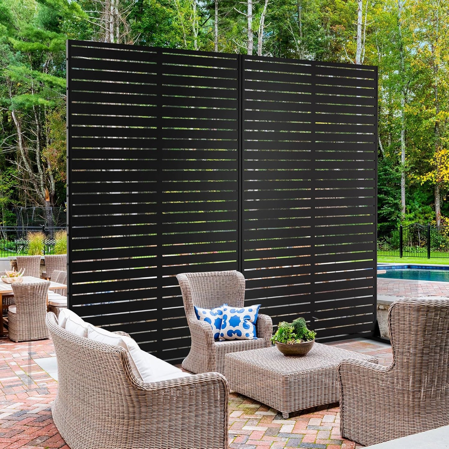 Metal Privacy Screen Outdoor 72" H×44" W,Freestanding Decorative Privacy Screen for Balcony Yard&Garden,Privacy Fence Black&Louvered(5 Panels)-VerdiqueGarden