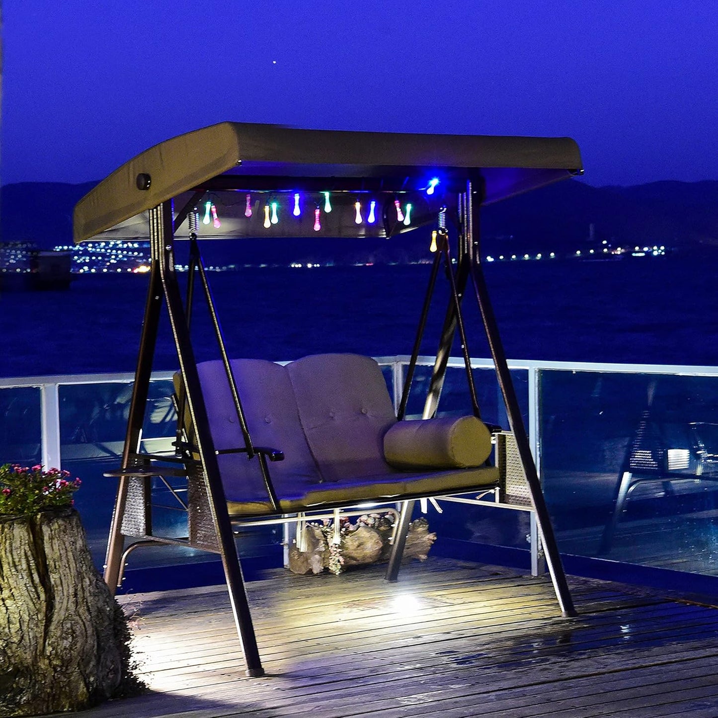 PURPLE LEAF 2-Seat Deluxe Outdoor Patio Porch Swing with Weather Resistant Steel Frame, Adjustable Tilt Canopy, Cushions and Pillow Included, Beige-VerdiqueGarden