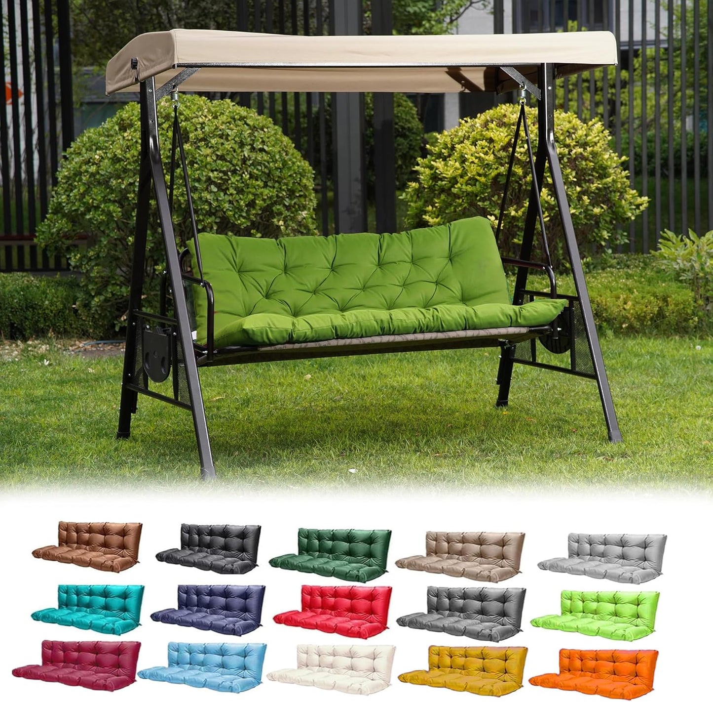 Porch Swing Cushions,Outdoor Cushions 3 Seater Replacement with Backrest, Waterproof Thickened Bench Cushion with Ties for Porch, Patio,Outdoor, Backyard and Garden (Grass Green 60 * 40 in)-VerdiqueGarden