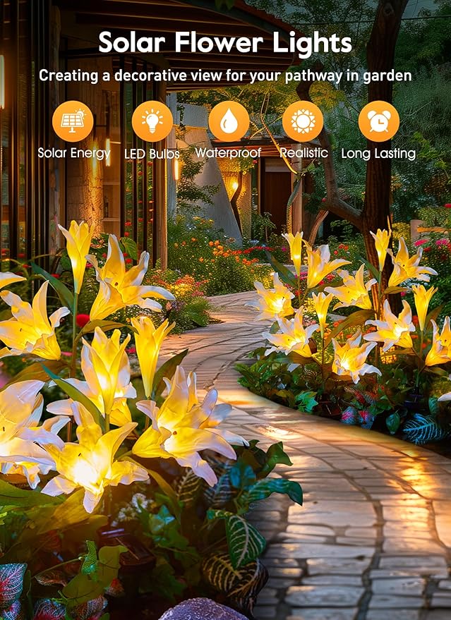 Brightown Outdoor Solar Garden Lights - 4 Pack LED Flower Lights with Larger Lily, Bigger Solar Panel, Waterproof for Outside Yard Patio Garden Decorations, White-VerdiqueGarden
