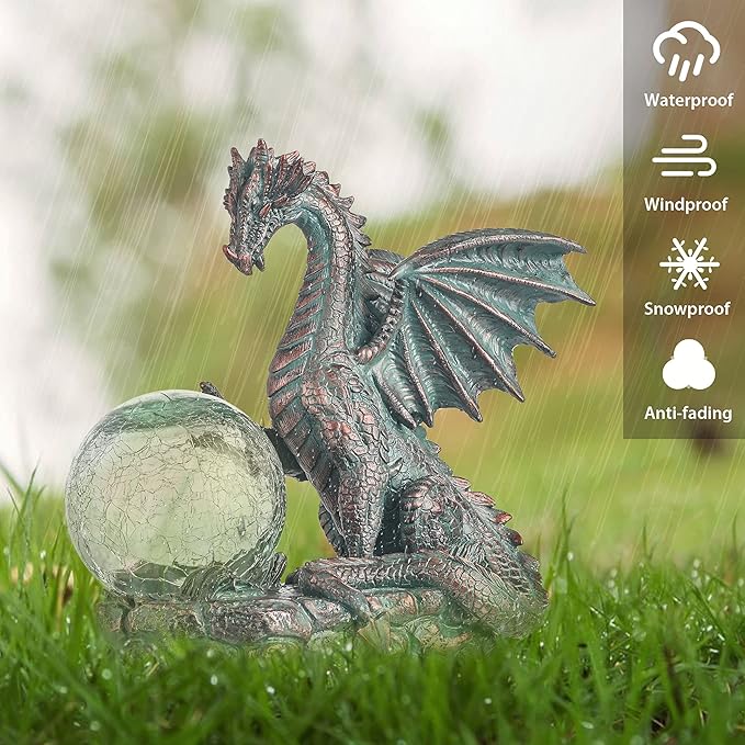 TERESA'S COLLECTIONS Garden Sculptures & Statues, Solar Dragon Outdoor Statues Figurines, Resin Bronze Gothic Garden Decor Lawn Ornaments Patio Yard Decorations Gifts for Mom Women, 8"-VerdiqueGarden