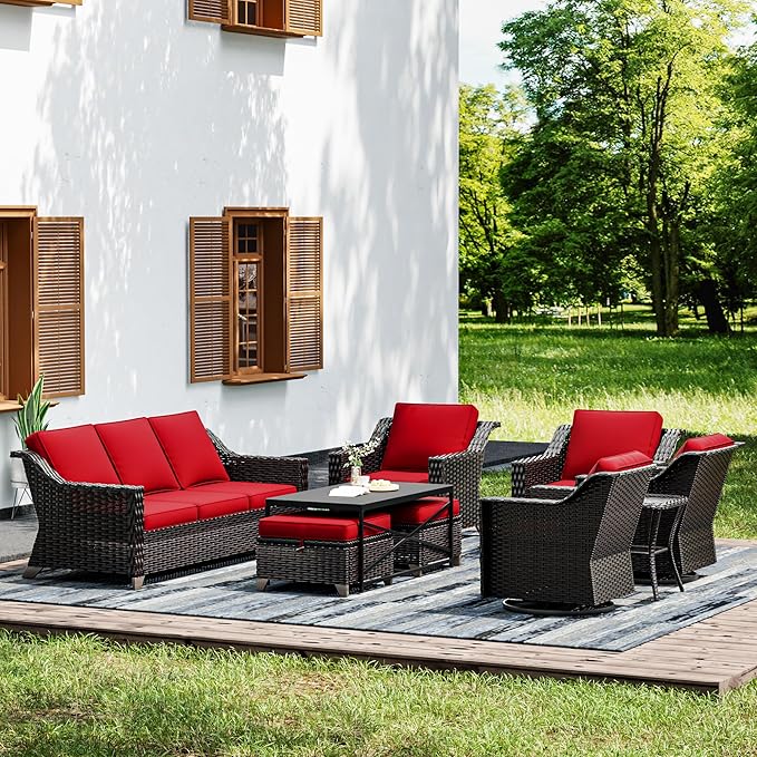 Joyside Wicker Patio Furniture Sets, 9 Pieces Upgraded Large Size Outdoor Furniture with Swivel Rocking Patio Chairs, Patio Dining Chair, 3-Seat Sofa, Outdoor Ottoman, Coffee Table, Thick Cushions-VerdiqueGarden