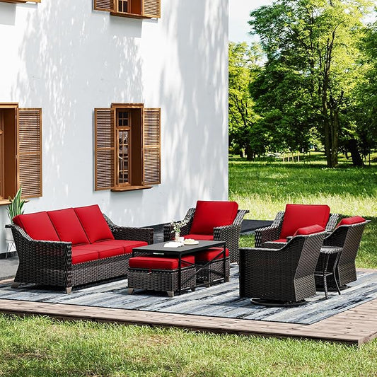 Joyside Wicker Patio Furniture Sets, 9 Pieces Upgraded Large Size Outdoor Furniture with Swivel Rocking Patio Chairs, Patio Dining Chair, 3-Seat Sofa, Outdoor Ottoman, Coffee Table, Thick Cushions-VerdiqueGarden