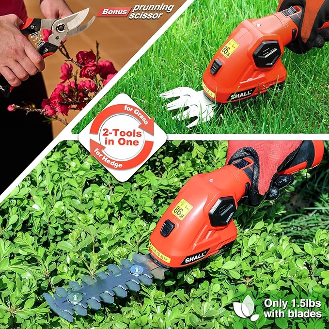 SHALL 2 in 1 Cordless Grass Trimmer & Hedge Shears - 7.2V Electric Shrub Cutter w/Pruning Scissors, Rechargeable Battery & Fast Charger-VerdiqueGarden