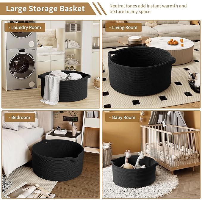 125L Extra Large Blanket Basket, 25" x 16", Jumbo Laundry Woven Baskets Decorative Home, Cotton Rope Basket with Handles, Baby Toy Baskets for Storage, Black, 2PC-VerdiqueGarden