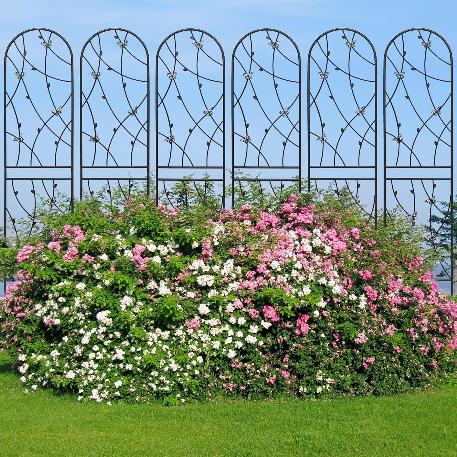 2 Pack Metal Garden Trellis 86.7" Tall Outdoor Climbing Plant Support for Roses, Flowers, Rustproof Durable Black Galvanized Tube, Lawn Garden Fence Decor Screen (2, Black flutter-86.7" H)-VerdiqueGarden
