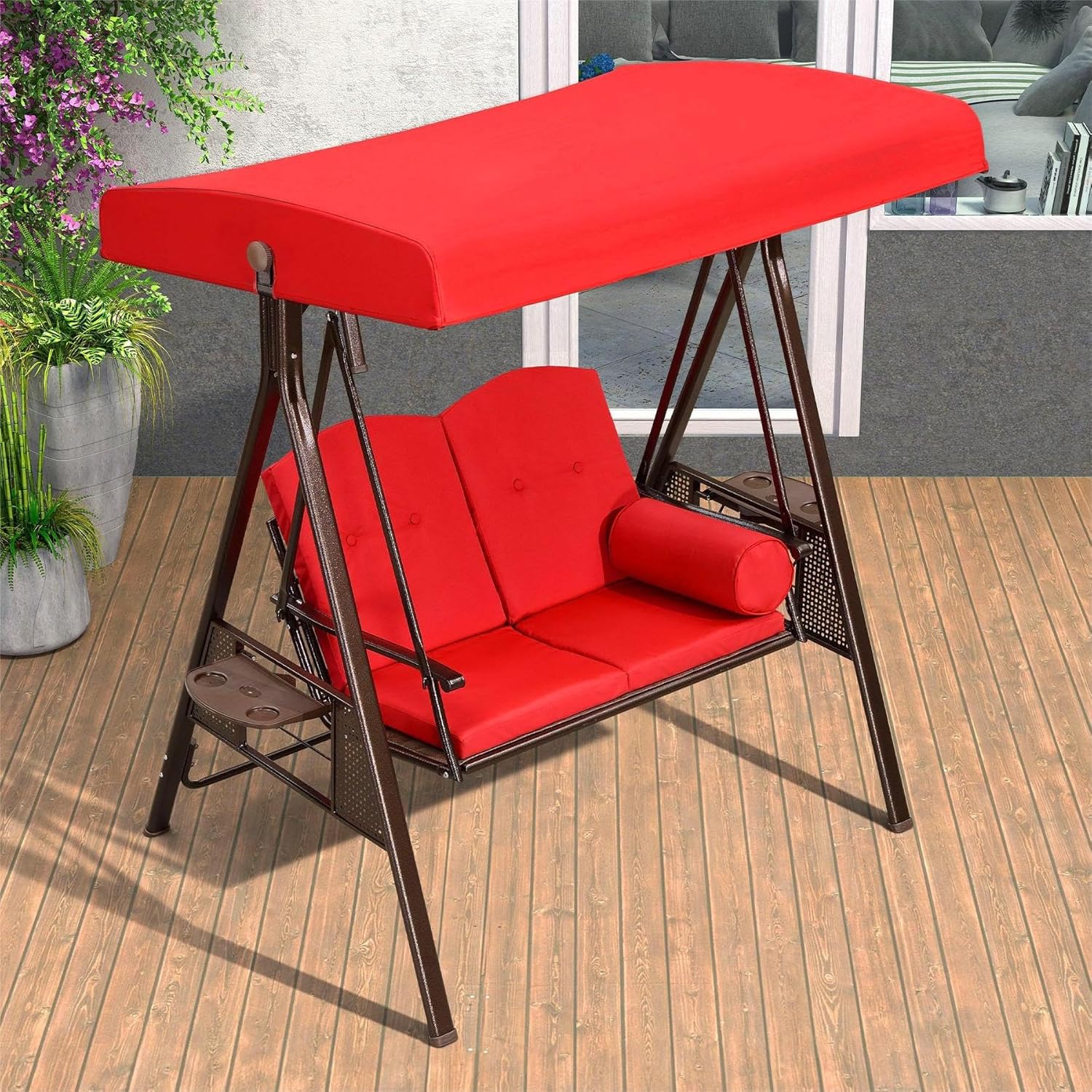 PURPLE LEAF 2-Seat Deluxe Outdoor Patio Porch Swing with Weather Resistant Steel Frame, Adjustable Tilt Canopy, Cushions and Pillow Included, Terra-VerdiqueGarden