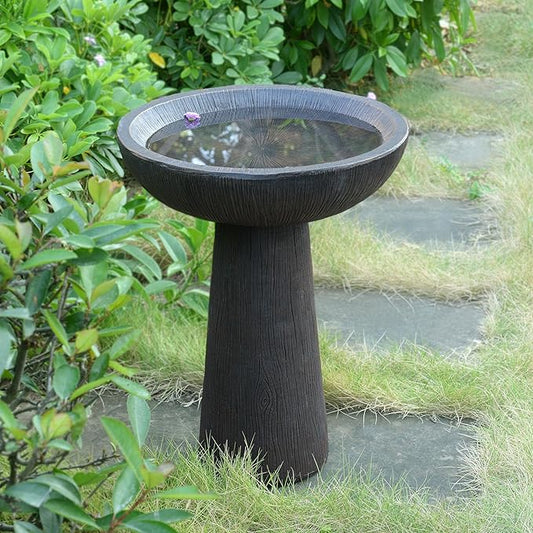 Bird Bath for Outdoor - 26'' Tall Resin Natural Wood Pattern Designt Birdbaths, Lightweight and Durable - Enhance Your Outside Garden with This Stunning Water Feature (Wood Grain)-VerdiqueGarden